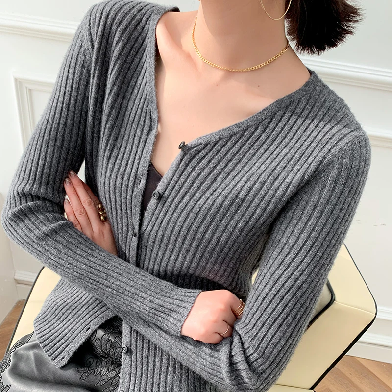 Женский кашемировый кардиган облегающая трикотажная рубашка с V-образным