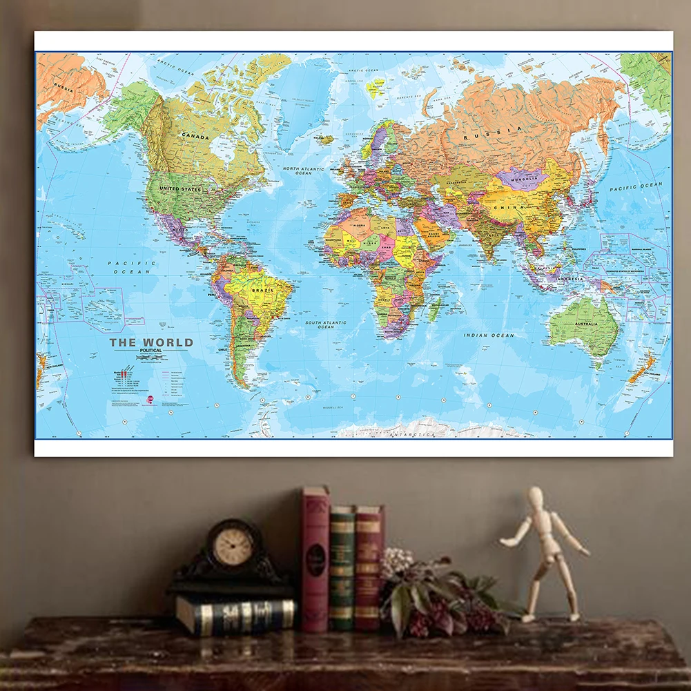 

140*100cm Political Map of The World with Details Non-woven Canvas Painting Wall Art Poster Room Home Decor School Supplies