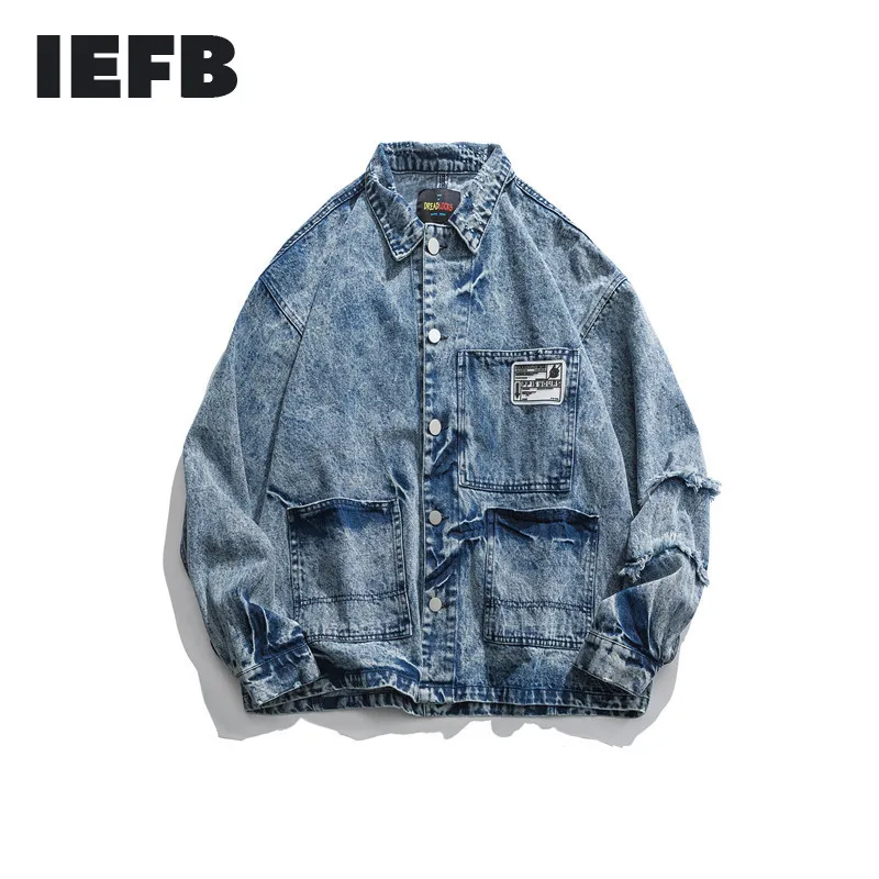 Куртка IEFB /can ship Мужская свободная модная винтажная джинсовая куртка верхняя