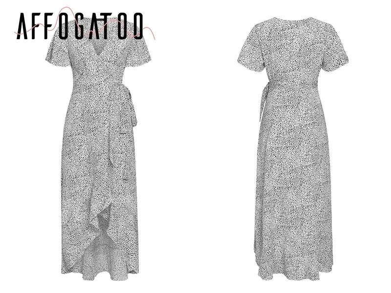 Afogatoo, сексуальное, на шнуровке, с леопардовым принтом, бохо, длинное платье, летнее, женское, повседневное, с v-образным вырезом, с коротким рукавом, в горошек, размера плюс, Пляжное Платье с разрезом