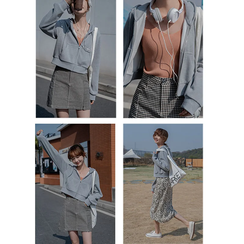 

NANCY TINO Ladies Short Cut-waist Solid Color Long Sleeve Drawstring Zipper Pocket Cardigan Polyester Top
