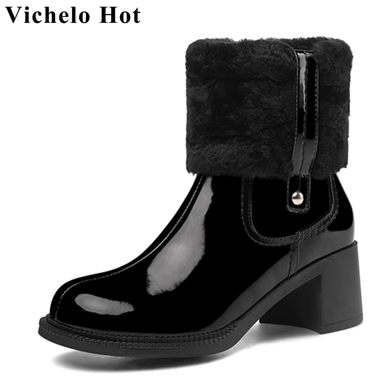 

Vichelo хит продаж, бычья лакированная кожа, зимняя овечья меховая овечья кожа, металлический круглый носок, толстый высокий каблук, молодежные...