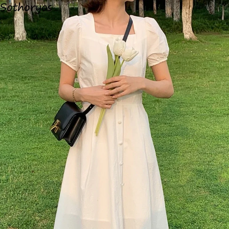 

Women Dresses Puff Sleeve Fashion Gentle Solid Single Breasted Square Collar Retro Pleated Elegant Teens Streetwear A-line Chic