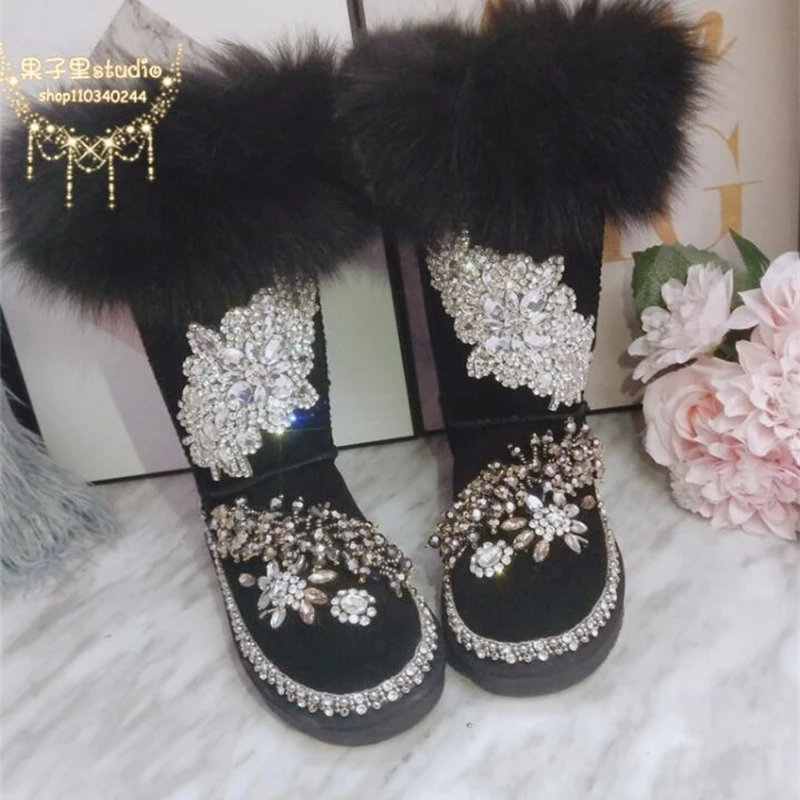 

Sweet fur snow boots luxury fox hair hand-stitched high tube female cotton boots European station original 2019