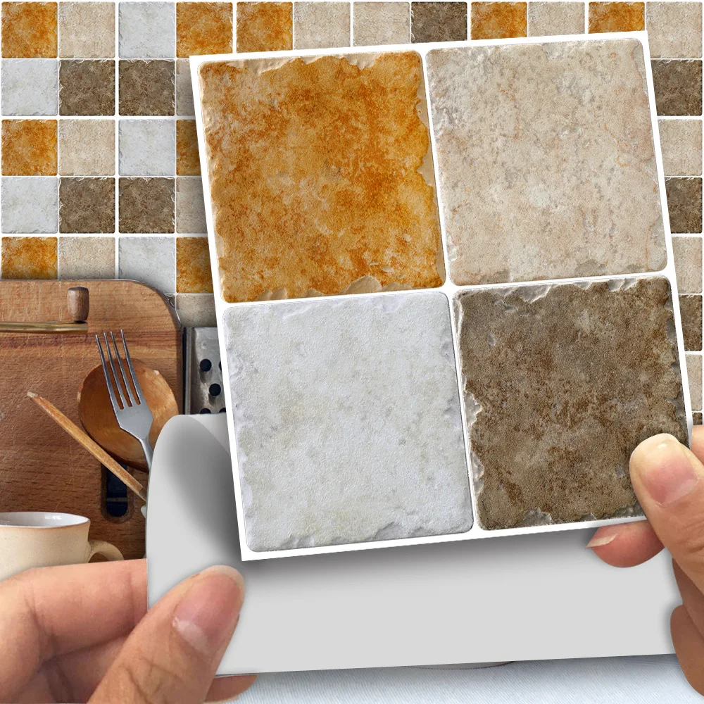 

25Pcs/Pack Mosaic Grey Brown Tiles Self-adhesive Wall Stickers PVC Kitchen Antique Marble Effect Wall Decor 10x10cm/15x15cm