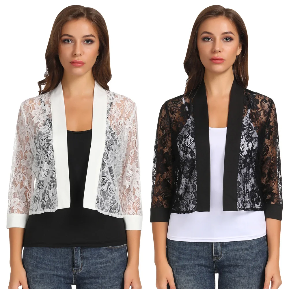 Женский летний Повседневный Кардиган 3/4 рукав Открытый спереди кружево ковер
