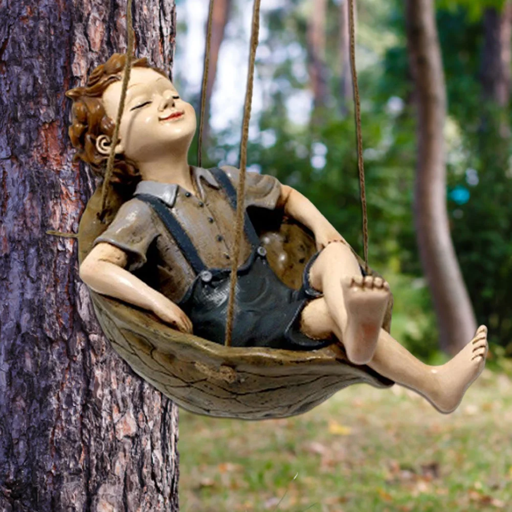 

Garden Boy On Swing Resin Statue Decor Hanging Sculpture Ornaments For Outdoor Lawn Yard Balcony Decorations Terrace Sculptures