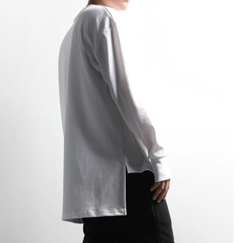 Футболка мужская с длинным рукавом, модная Асимметричная свободная короткая рубашка с круглым вырезом, в Корейском стиле, весна-осень от AliExpress RU&CIS NEW
