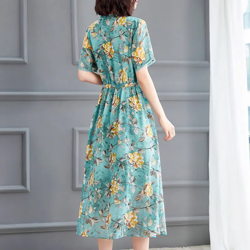 

2021 Spring Summer Women Dress Elegant Short Sleeve Floral Print Vintage Loose Korean Style New Office Lady Streetwear M275