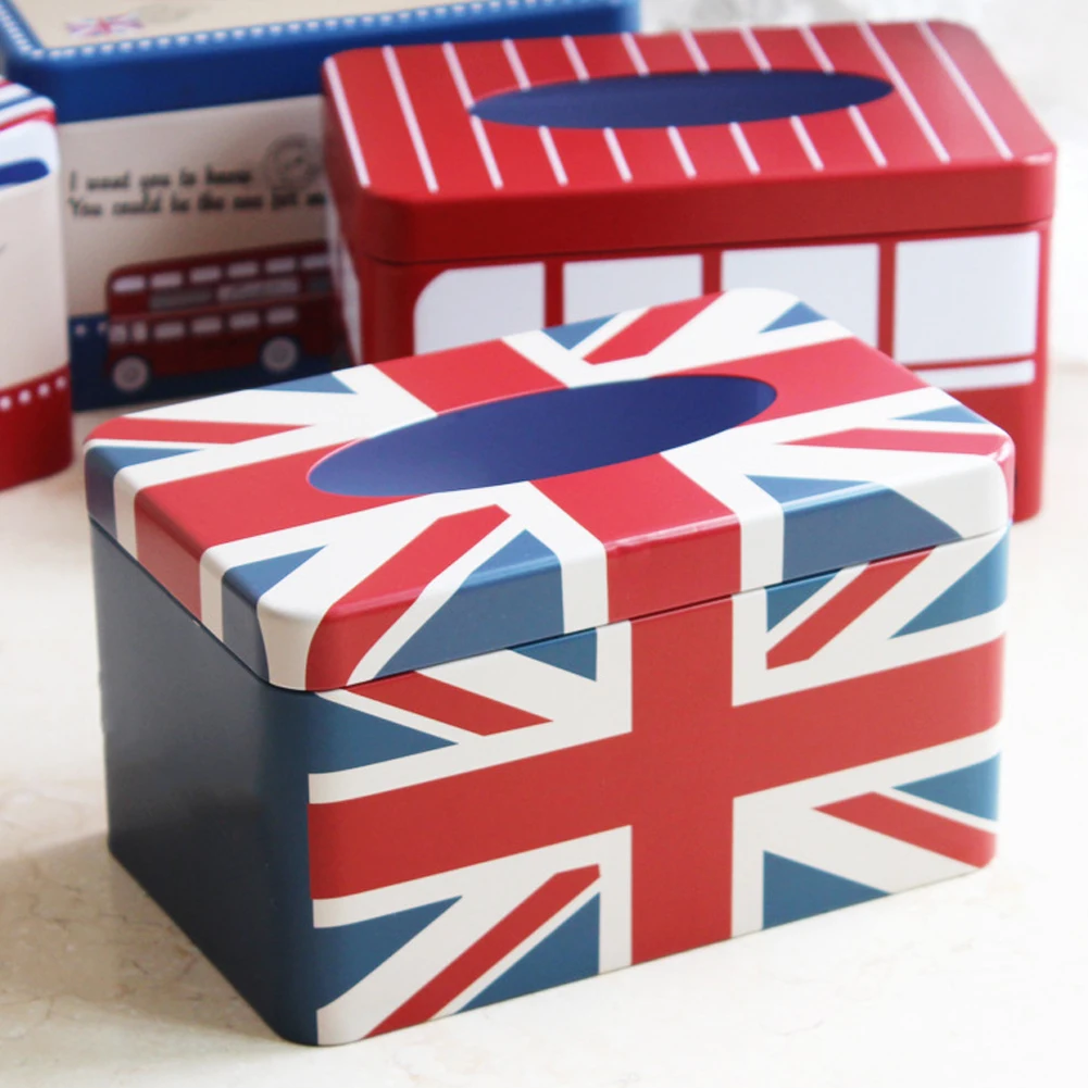 

Tissue Boxes Retro Vintage British Flag Tissue Paper Storage Tinplate Napki Holder Cover Decorative Box In Car Office Table