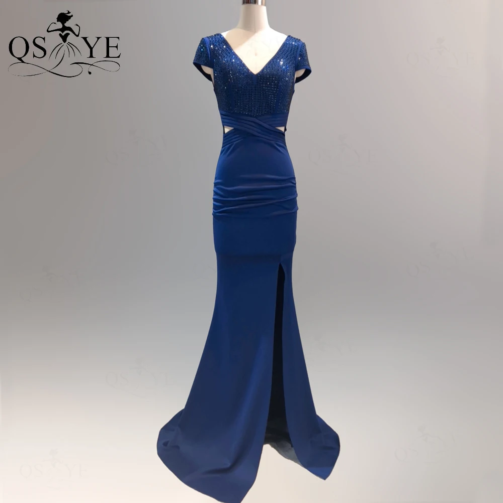 

V Neck Navy Prom Dress Stretch Sequin Evening Dress Cap Sleeves Split Long Formal Party Gown Ruched Hips Dress Party Crisscross