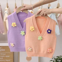 girls autumn clothing vest kids overcoat 2022 new baby sweater handmade flowers v neck vest sweater