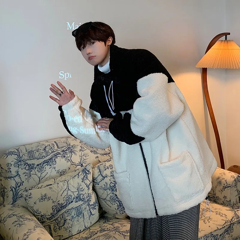 

Мужская зимняя куртка из бархата ягненка контрастных цветов, новинка 2021, стильное молодежное пальто с подкладкой, свободное корейское хлоп...