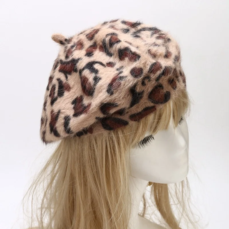 

Rabbit Fur Berets Hat Women Autumn Winter Newsboy Hat Leopard Print Beanie Artist Painter Cap Elegant Lady Bonnet Warm Beret
