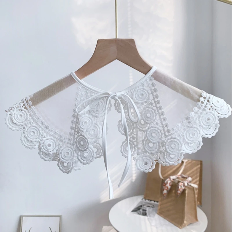 

Double Layer Embroidery Floral Trim Fake Collar Big Shawl Wrap Women Girls Sheer Lace Decorative Necklace Lapel Half Shirt M6CD
