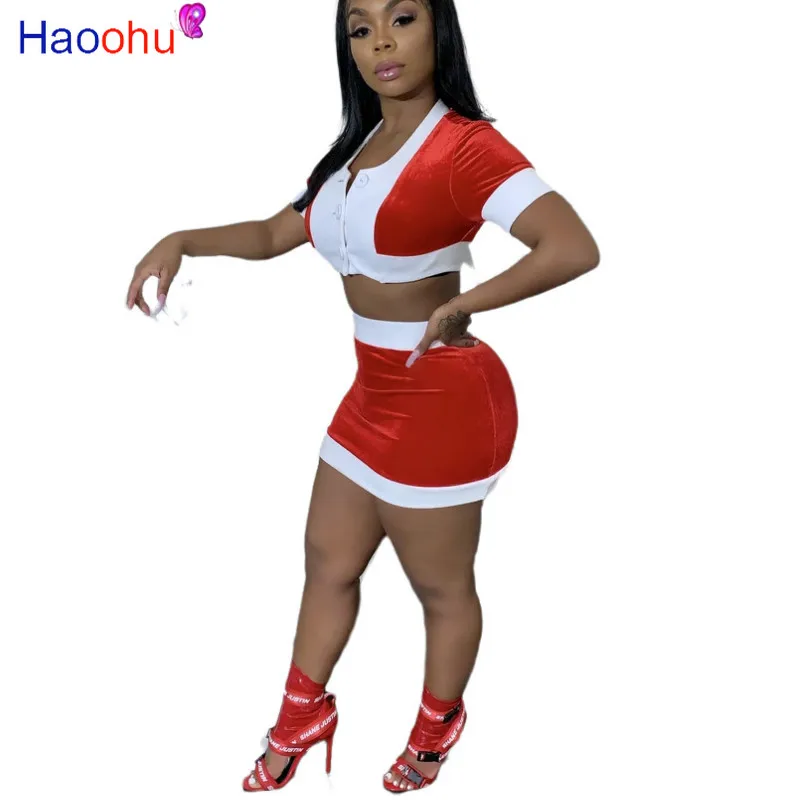 

HAOOHU Velour Two Piece Set Women Summer Clothes Crop Top and Mini Skirt 2 Pcs Velvet Birthday Matching Sets Sexy Club Outfits