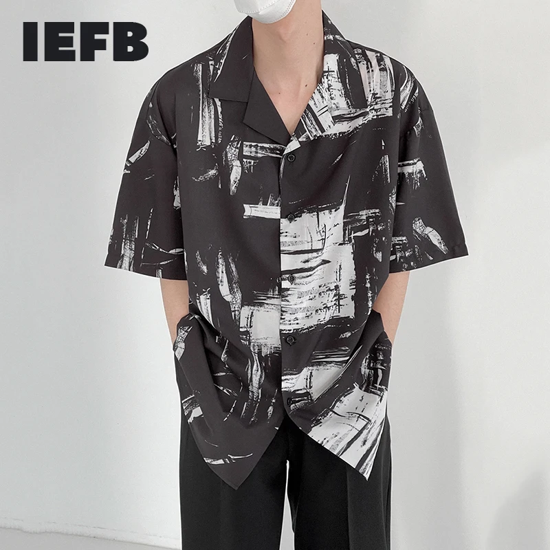 

IEFB Notched Collar Short Sleeve Men's Shirt Korean Japanese Style Casual Tops Loose Oversized Print Tops 2021 Summer New 9Y8121