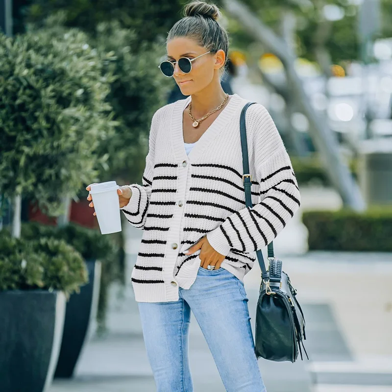 

2021 Women's Fall Winter New Casual Oversized All Match Knit Striped Cardigan Laides V Neck Long Sleeve Chic Knitted Sweater