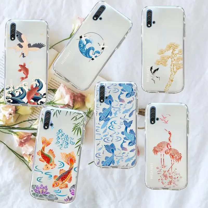 

Crane Koi Design Pattern Phone Case Transparent for Huawei honor P mate Y 20 30 40 10 8 5 6 7 9 i x c pro lite prime smart