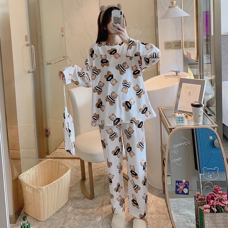 Korean Pajamas Set for Women Sleepdress Cartoon Bear Nightgowns Anime Girls Home Suit Long Sleeve Spring Autumn Pijama Ladies