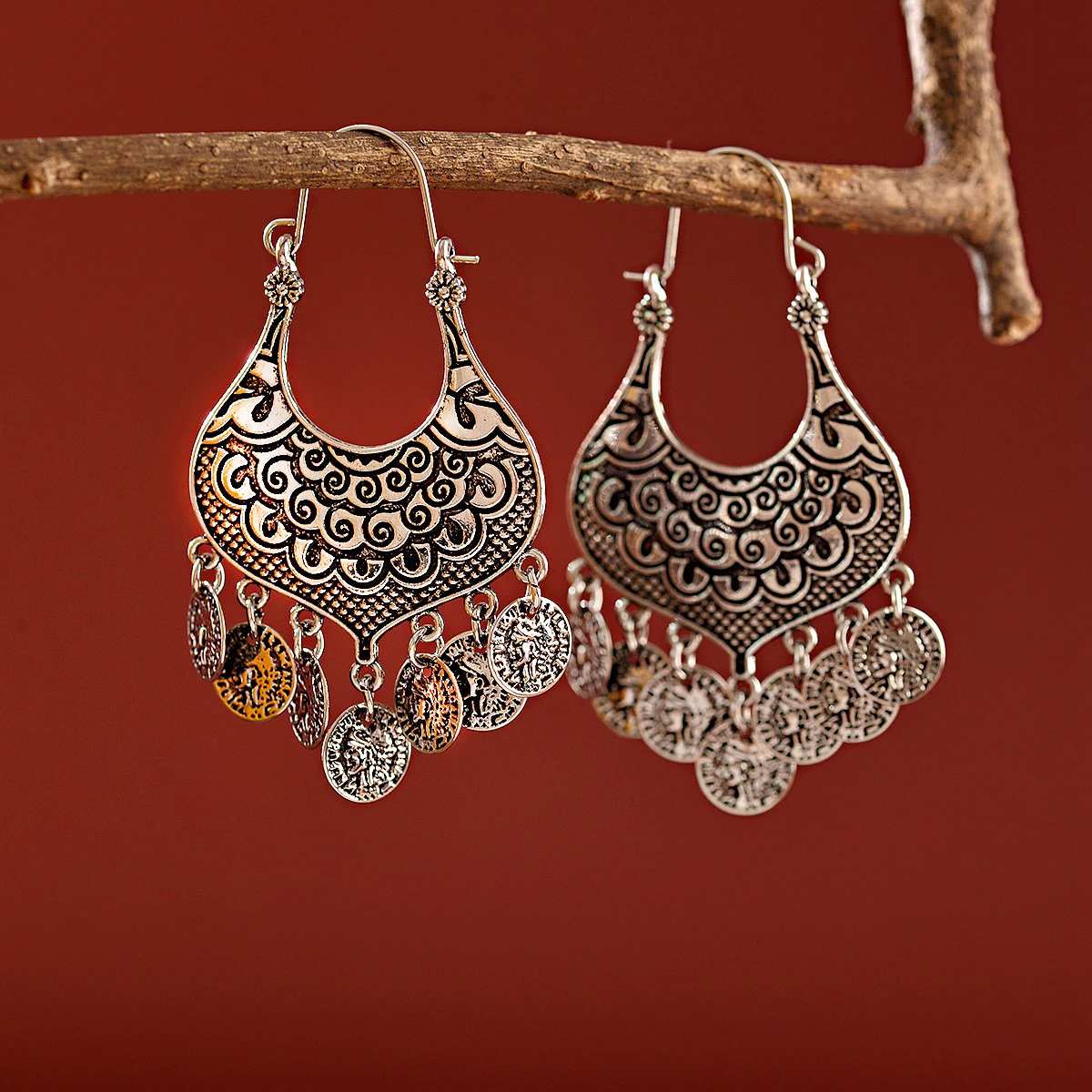 Античные бронзовые индийские серьги Jhumka женские серебряные этнические резная