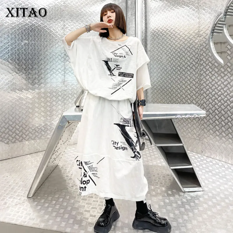 

XITAO/модная футболка с круглым вырезом на завязках и юбка; Летний костюм с короткими рукавами и эластичной резинкой на талии; Однотонный кост...