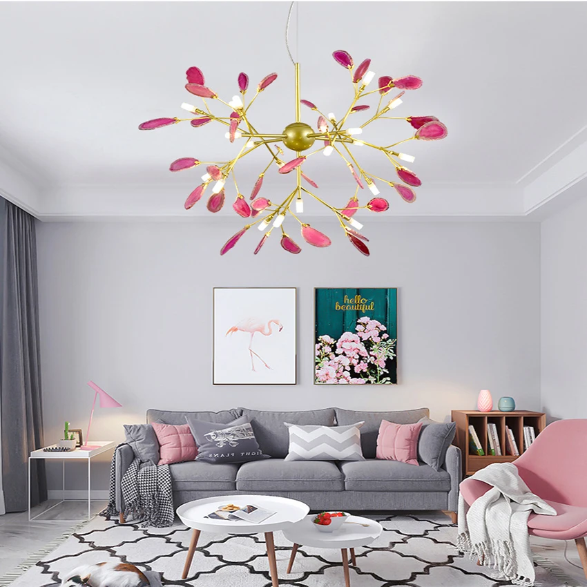 

Modern Light Luxury Color Agate Led Chandelier Art Living Room Decoration Firefly Branch Ceiling Chandelier Bedroom Hanging Lamp