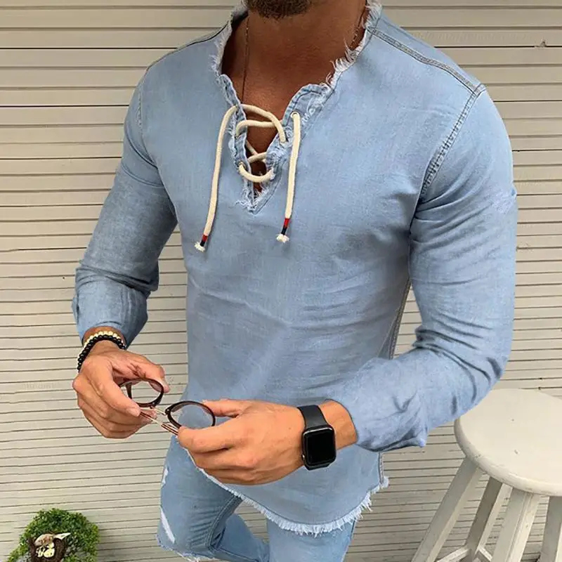 

WEPBEL Solid Color Tassel Shirt Men's Casual Lace-up Shirt Summer Fashion Long Sleeve V-neck Stretch Pullover Bandage Shirt