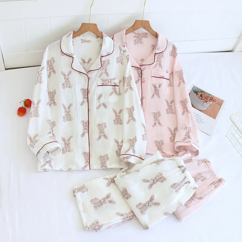 

Весенне-осенние новые стильные женские пижамы из 100% хлопка и крепа брюки с длинными рукавами костюм из двух предметов можно носить в течение четырех сезонов