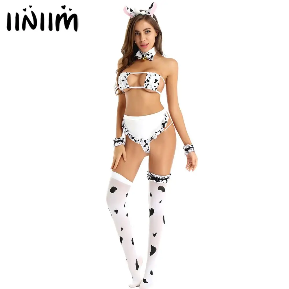 

Womens Ladies Cute Anime Cow Cosplay Exotic Costume Japanese Style Bikini Lingerie Set for Role Play Night Sleepwear Clubwear