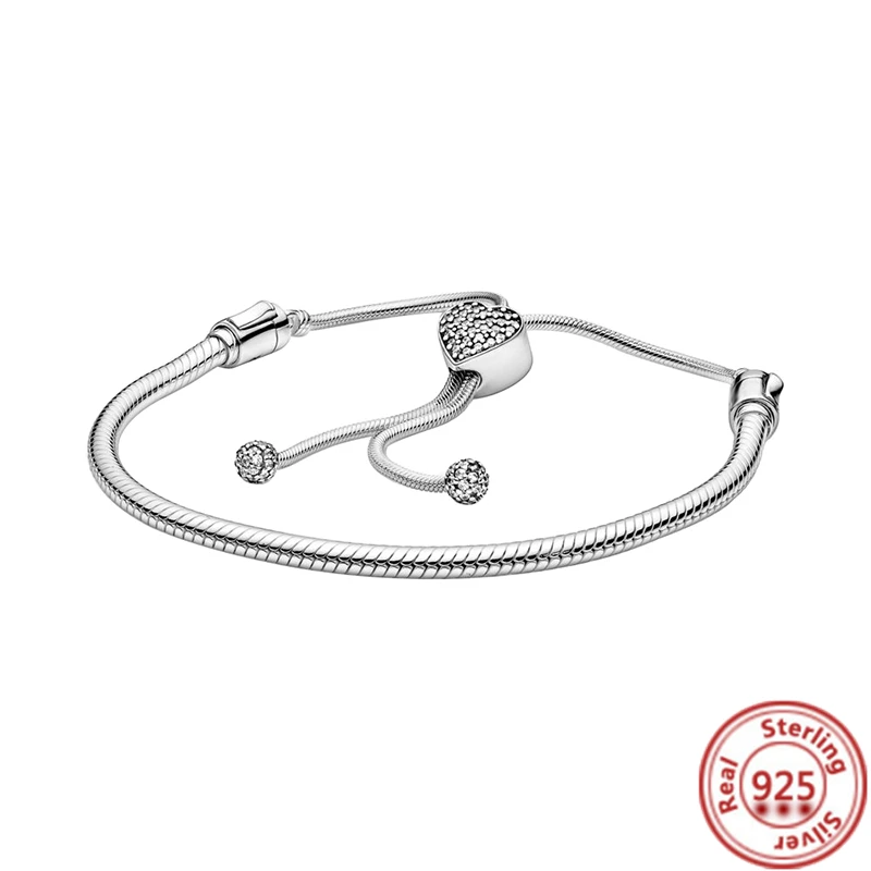 hot selling 925 sterling silver heart snake chain slider charms bracelet fit original brand bead diy women adjustable jewelry free global shipping