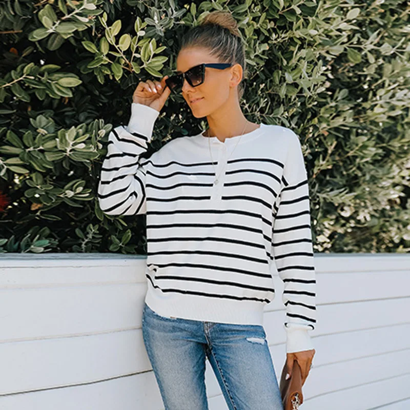 

Женский осенне-зимний новый однотонный Полосатый Свитер оверсайз с длинным рукавом и круглым вырезом для женщин, модные Универсальные повс...
