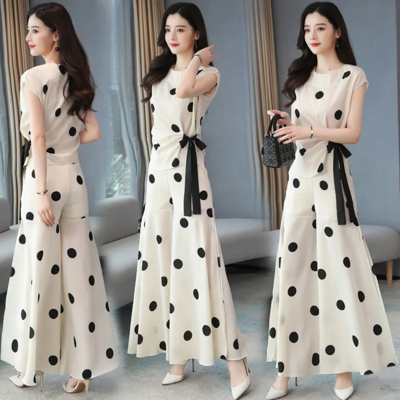 

Women's Summer Suit Clothing Chiffon Wide Leg Pants Skirt Polka Dot Sweetshirts Sport 2021 New Top Female Foreign Two Piece Sets