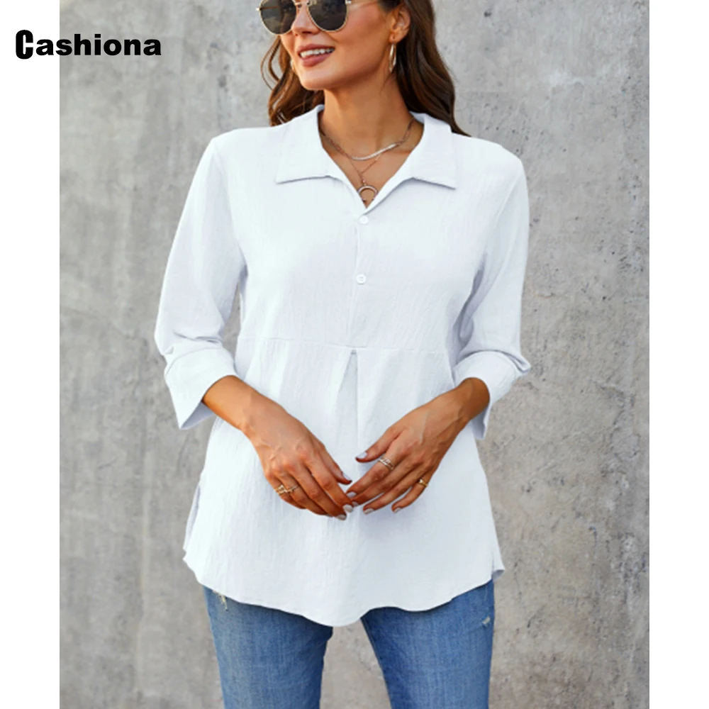 Cashiona Plus Size Women Casual Shirt blusas White Linen Blouse Leapl Collar Basic Tops 2021 Autumn Long-sleeve Shirts Clothing