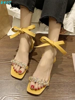 summer ladies sandals sexy thin womens high heels fashion square toe ankle strap belt sandals mid heel party womens shoes