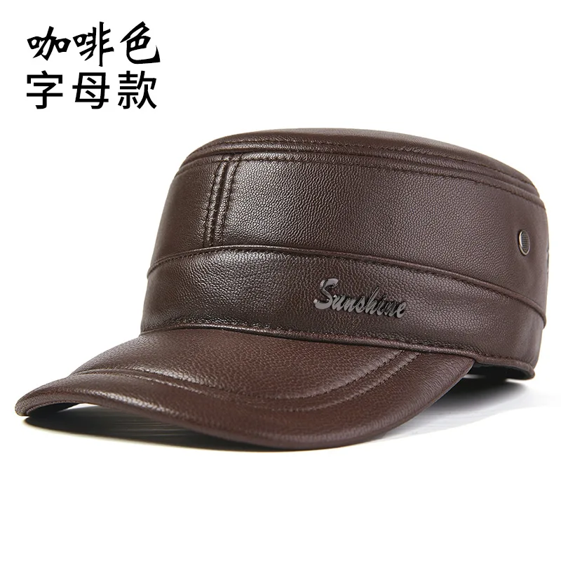 Men Army Military Hat Fashion Brands Cap Leather Old Men Hats Leather Cap Men's Flat Caps Genuine Leather Cap