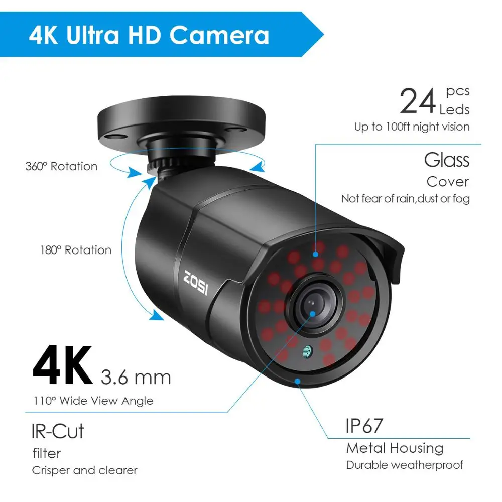 Водонепроницаемая камера видеонаблюдения ZOSI 4K TVI 4 мм 8 Мп 1/2 3 дюйма CMOS Bullet