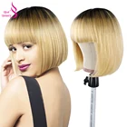 Настоящая красота, парик из короткие парики из человеческих волос Боб, волосы Remy, парики с челкой, Омбре, блонд, голубой, фиолетовый, прямые волосы, парик