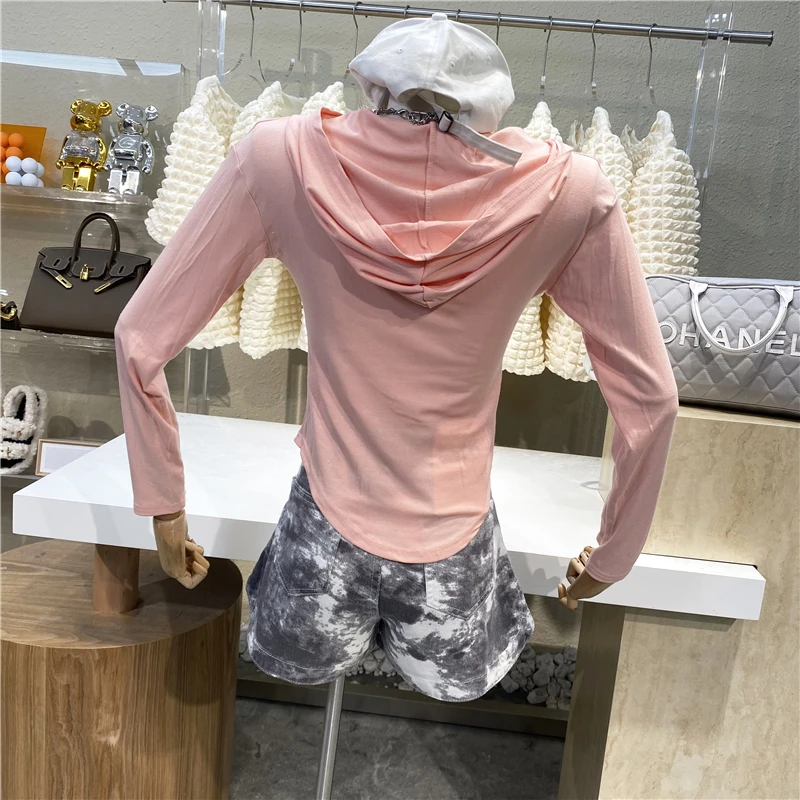 

New 2021 Pure Desire Thin Sunscreen Cover Up T-Shirt Pink Girl Sports Leisure Hooded Long Sleeve Short Slim Curved Top