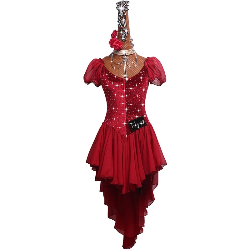 

Блестящее танцевальное платье стразы для латиноамериканских соревнований костюм для выступлений юбка для латиноамериканских танцев Женс...