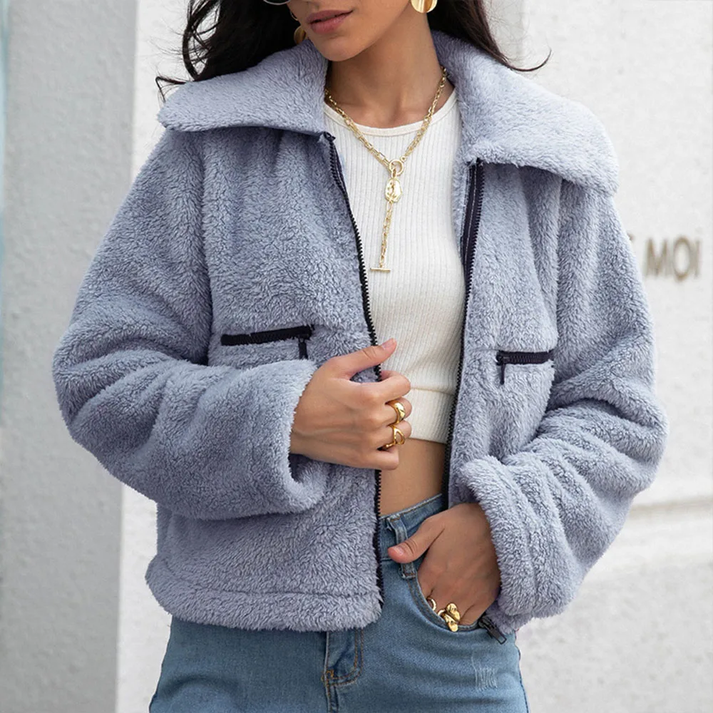 

2021 Autumn Winter New Jacket Casual Womens Fashion Temperament Solid Color Zipper Thicken Warm Lapel Long Sleeve Jacket