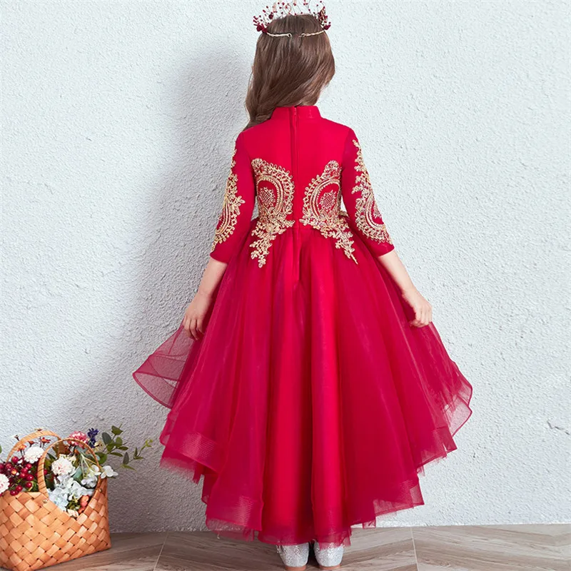 

Children Girls Model Show Luxury Embroidery Lace New Year Party Birthday Front Short Back Long Dress Kids Evening Party Dress