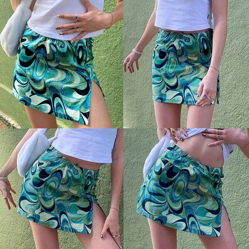 

Women Sexy Elastic High Waist Side Split Slim Mini Skirt Harajuku Swirl Pattern Package Hip Vintage Club Streetwear