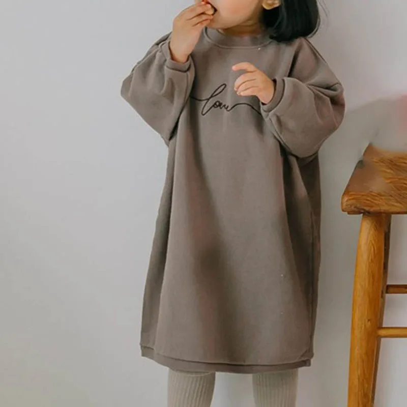 

Child's 2021 Spring Autumn Girls Clothes Fur Lining Girls Dresses Hoodies Style Solid Color O-Neck Casual Dress For Girls