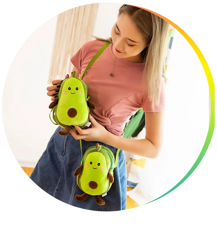 Cute Avocado Plush Toys Soft Stuffed Fruits Creative Cartoon Zipper Style Shoulder Bag for Children Kids Girls Gift Toys 9 Inch