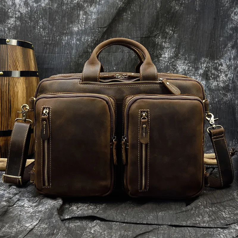 Men Business Briefcase Vintage Crazy Horse Genuine Leather 15inch Laptop Messenger Bag Cowhide Big Capacity Tote Office Handbag