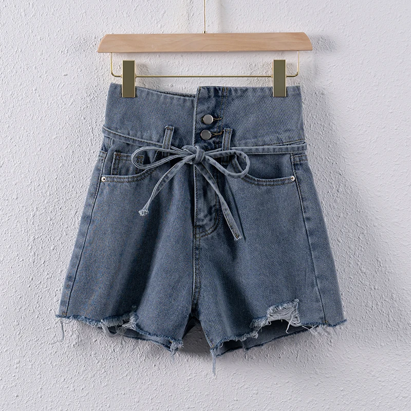

Летние новые модные джинсовые шорты на шнуровке с высокой талией, женские свободные трапециевидные тонкие широкие повседневные брюки, нови...