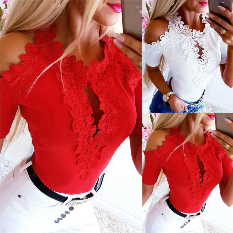 Модная одежда женская летняя кружевная майка топ с коротким рукавом