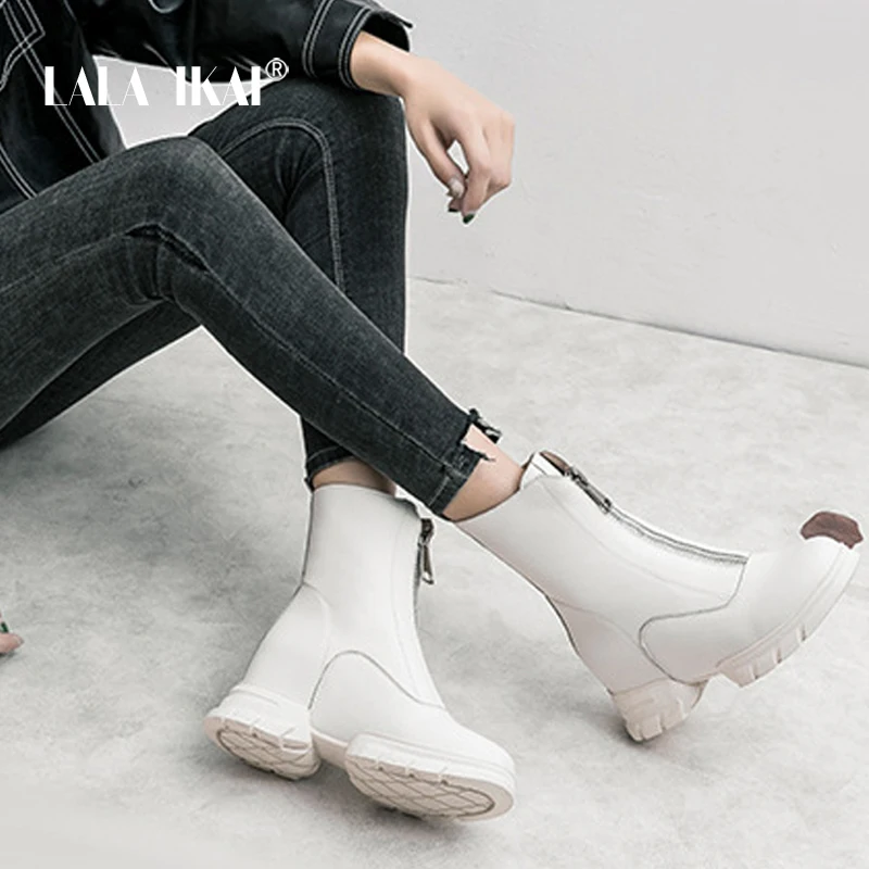 

LALA IKAI Brand Platform Autumn Winter Women Boots Zipper Leather Mid-Calf Boot Princess Girl School Motorcycle Boots Ankle Boot