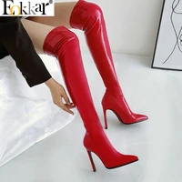 eokkar 2020 12cm high heel lady over the knee high boots pointed toe patent leather slip on thigh high boots stilettos size34 43